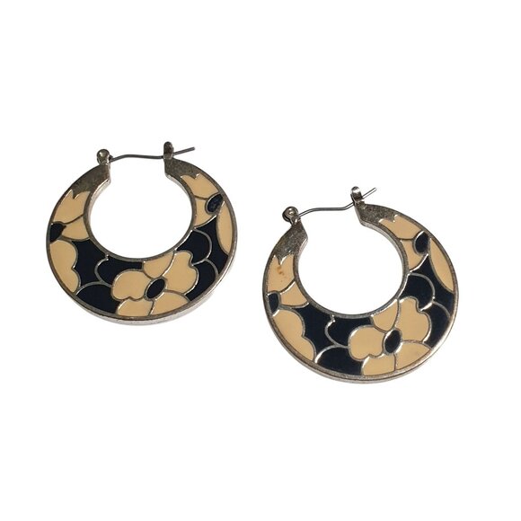 Floral Enamel Hoop Earrings Tan Black Silver Tone Vintage Retro Jewelry - Picture 1 of 5